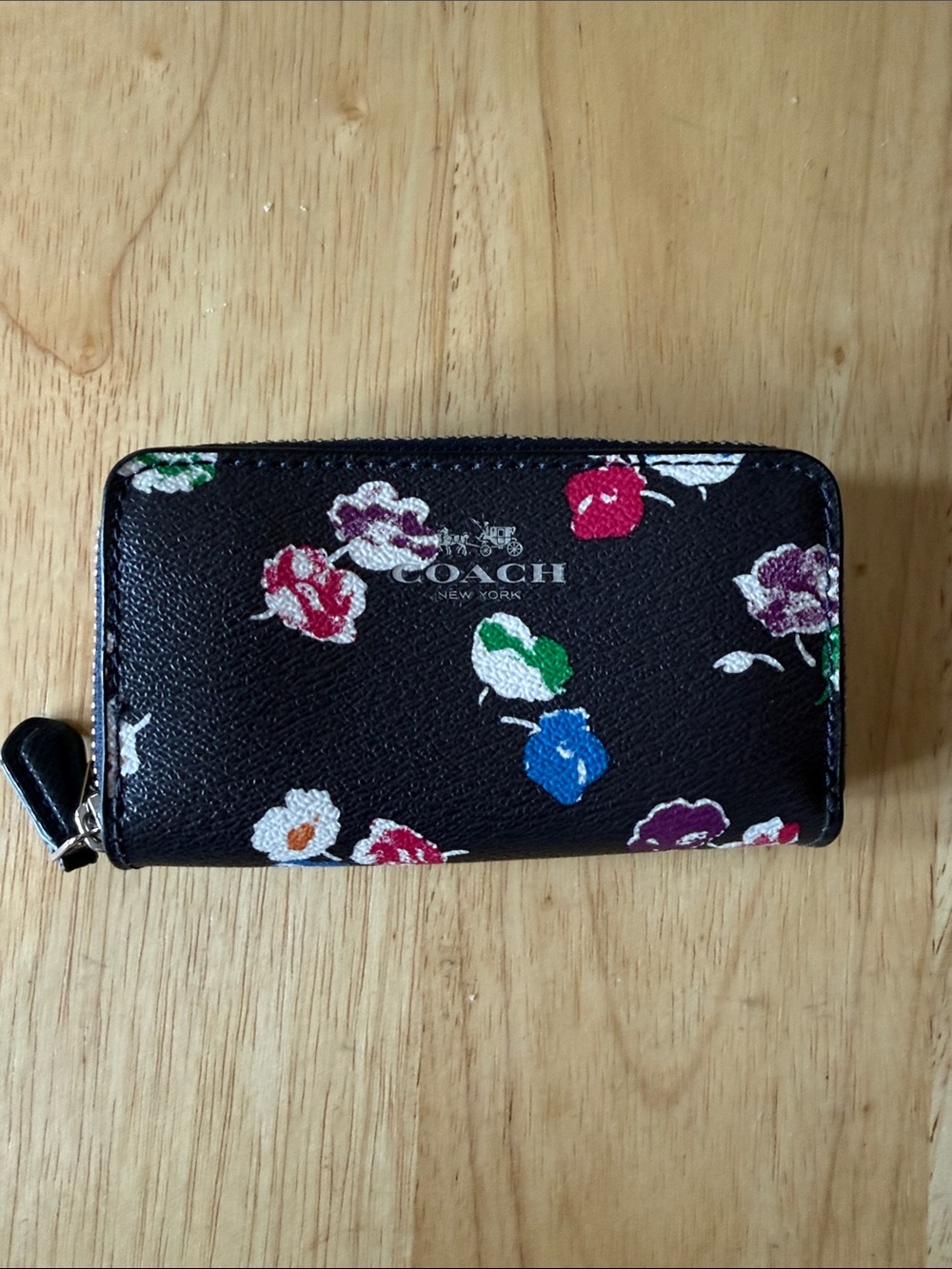 COACH Black Floral Zip Card Case Wallet